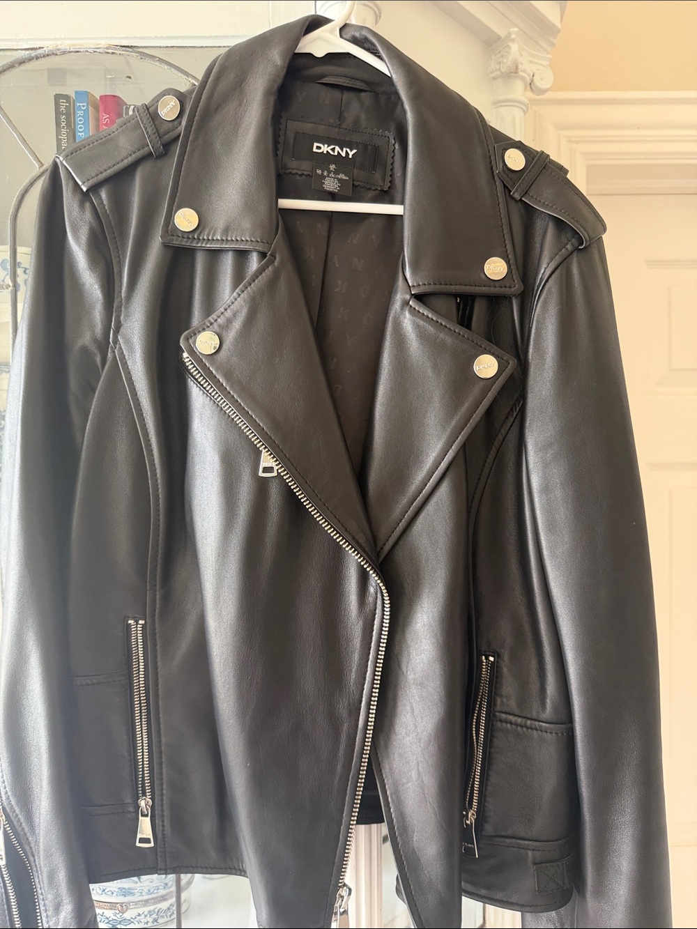 DKNY Black Leather Moto Jacket with Silver Hardware Sz XL